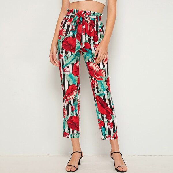 

Paperbag Waist Striped & Tropical Print Belted Crop Pants
