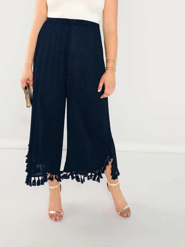 

Plus Tassel Detail Hem Semi Sheer Pants, Navy, Sydney Ness