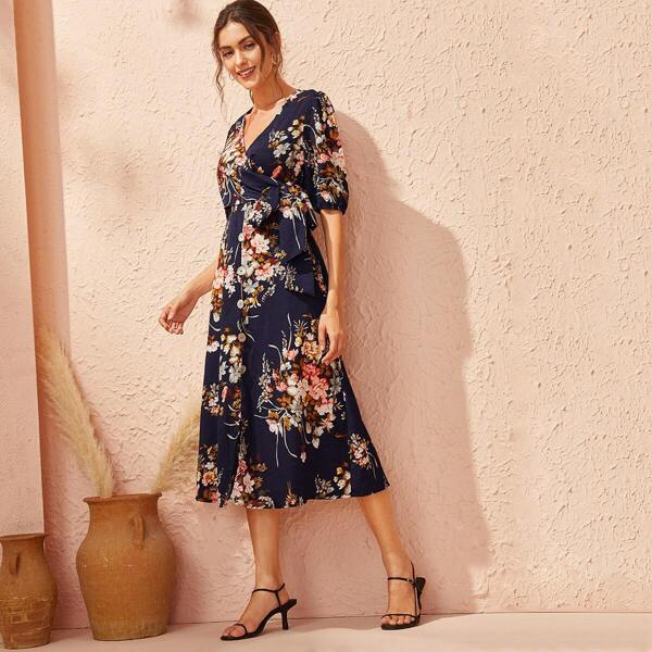 

Floral Print Wrap Belted Button Front Dress
