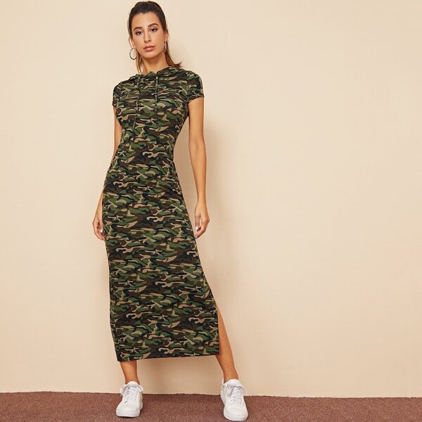 

Camo Print Split Hem Drawstring Hoodie Bodycon Dress