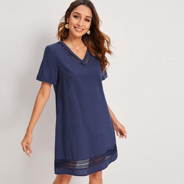 

Solid Lace Insert T-shirt Dress