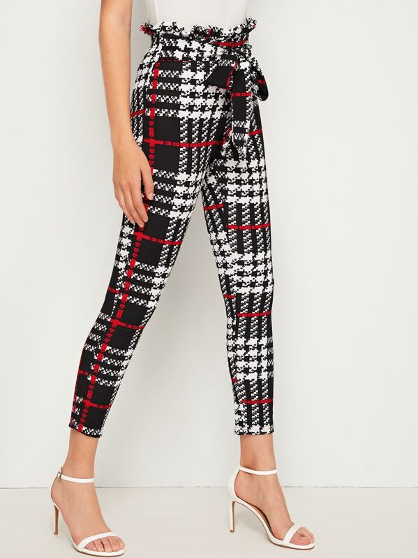 

Paperbag Waist Tie Front Geo & Plaid Pants, Black and white, Luiza