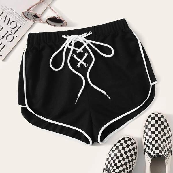 

Lace-up Waist Contrast Binding Dolphin Shorts