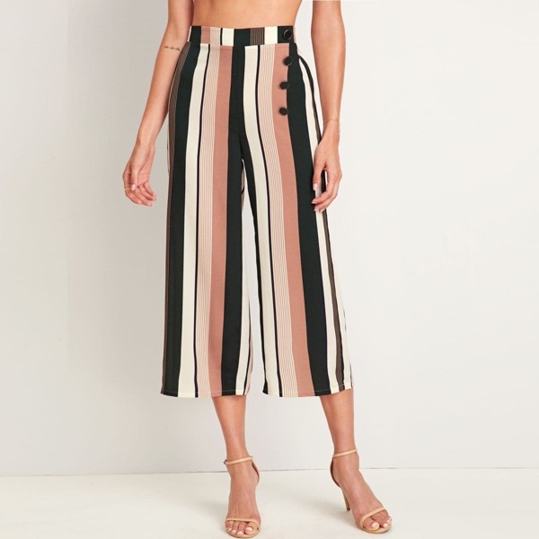 

Button Side Striped Capris Pants, Multicolor