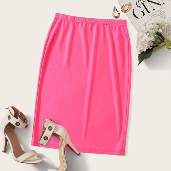 

Elastic Waist Solid Bodycon Skirt, Pink bright