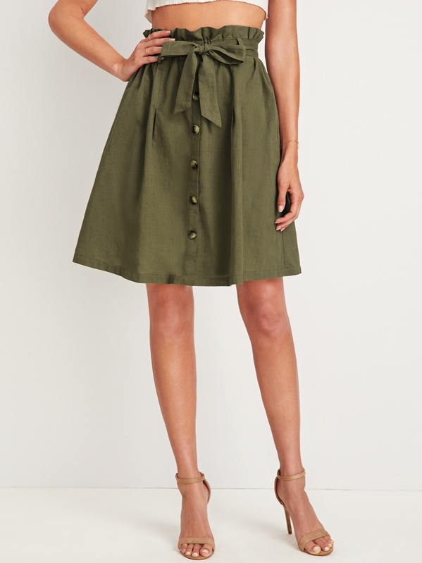

Solid Paperbag Waist Button Front Belted Skirt, Army green, Layson
