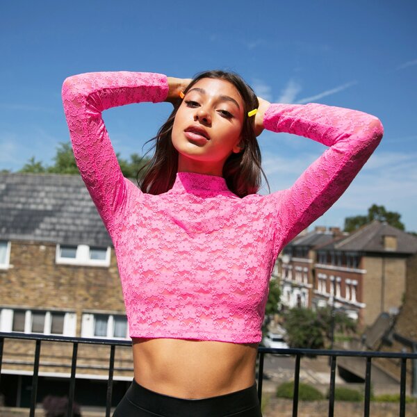 

Solid Stand Collar Lace Top