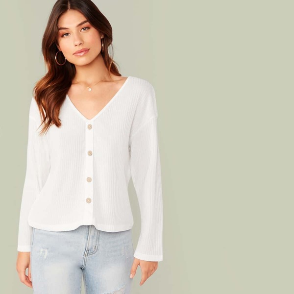 

V-neck Button Front Rib-knit Top, White