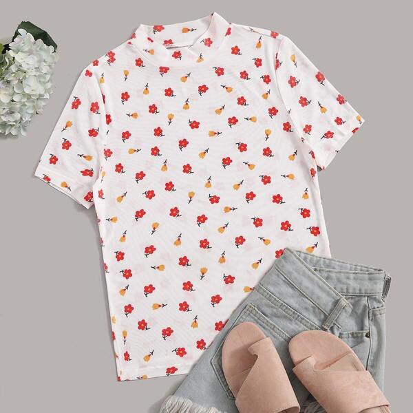 

Mock-neck Floral Print Semi Sheer Top Without Bra