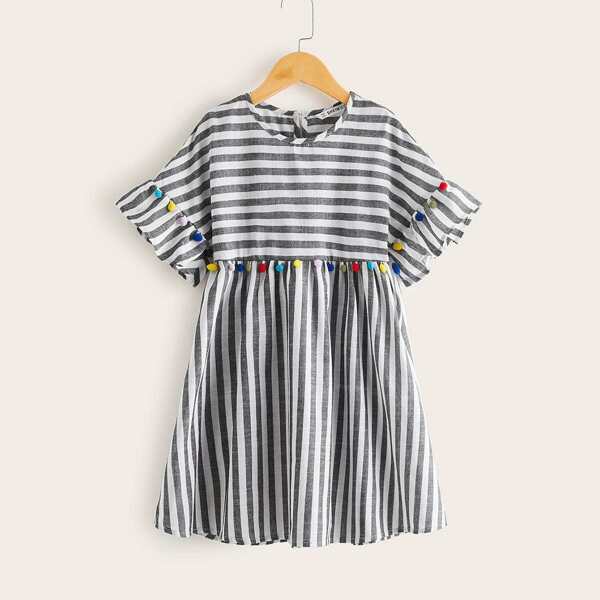 

Girls Pompom Detail Ruffle Cuff Striped Babydoll Dress