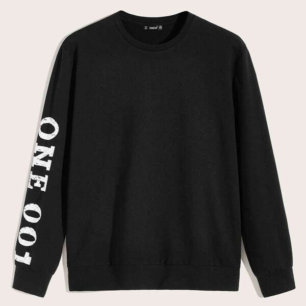 

Men Crew Neck Slogan Print Pullover, Black