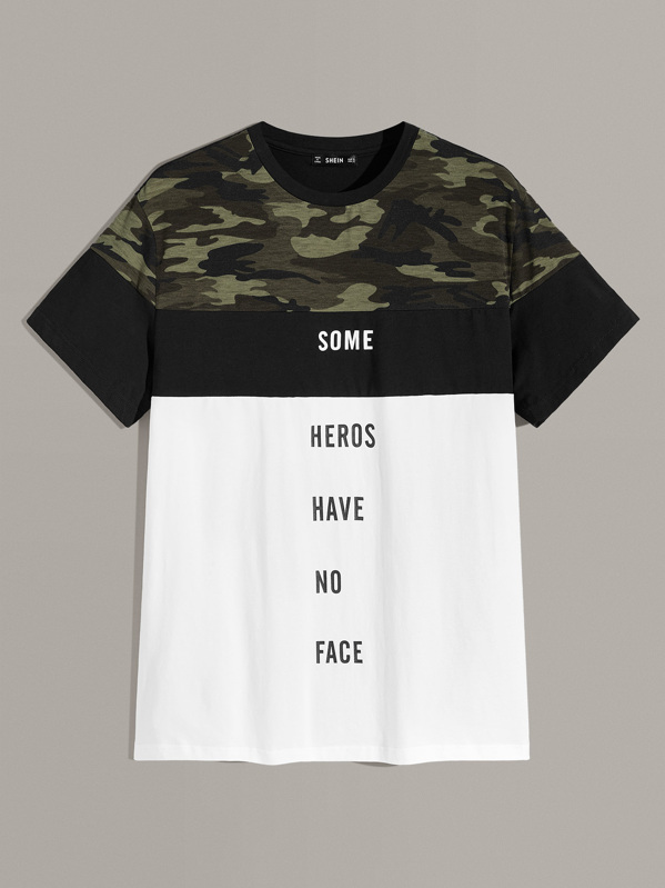 

Men Slogan and Camo Colorblock Tee, Multicolor