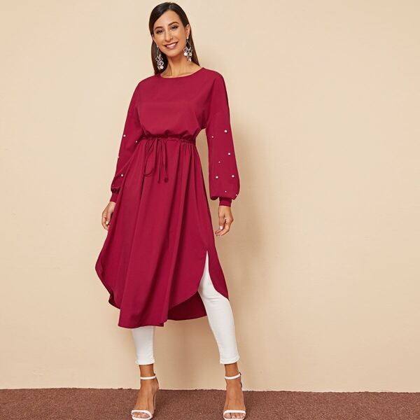 

Pearl Beaded Drawstring Waist Curved Hem Dress, Burgundy