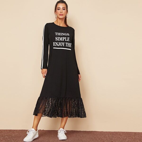 

Slogan Print Striped Sleeve Lace Hem Dress, Black