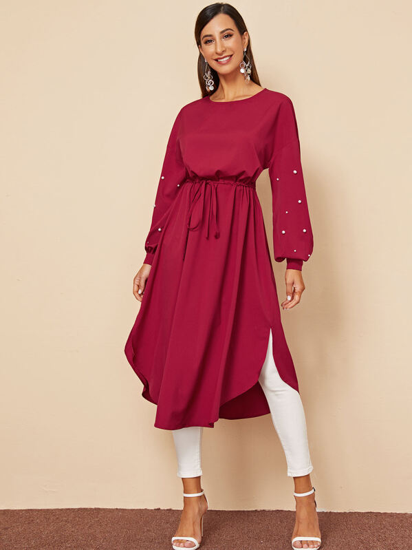 

Pearl Beaded Drawstring Waist Curved Hem Dress, Burgundy, Gabe