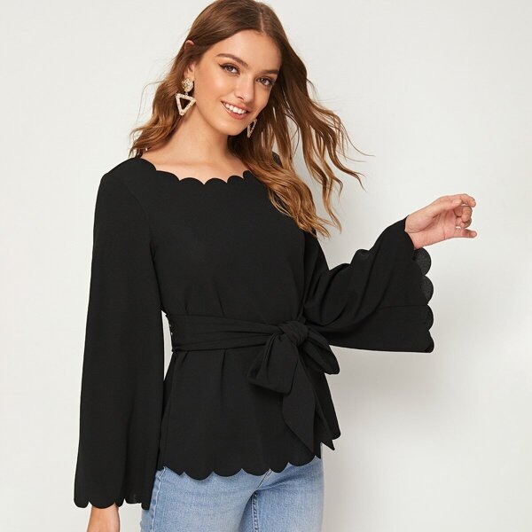 

Scallop Edge Bell Sleeve Self Belted Top, Black
