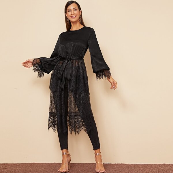

Eyelash Lace Trim Split Hem Self Belted Mixed Media Top, Black