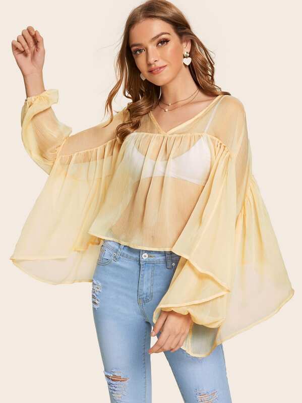 

Batwing Sleeve Sheer Flowy Smock Top Without Bra, Beige, Luiza