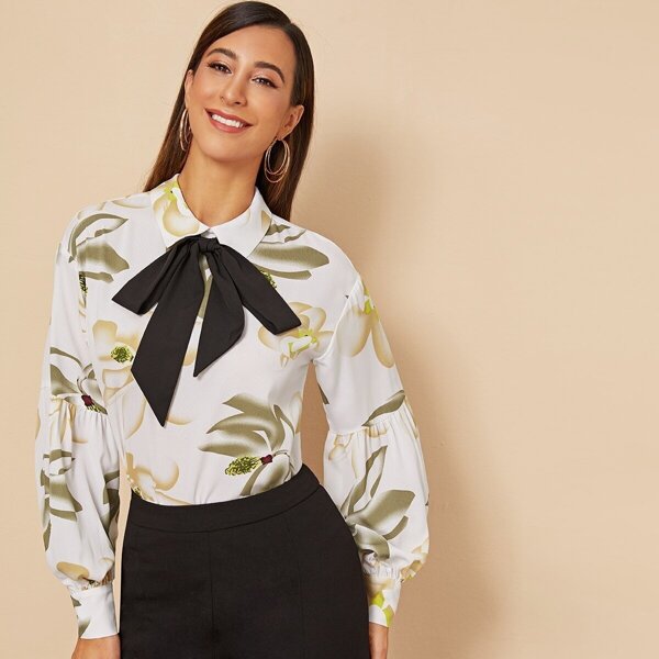 

Botanical Print Tie Neck Lantern Sleeve Top, White