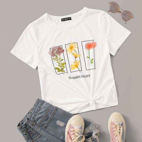

Slogan and Flower Print Tee, White
