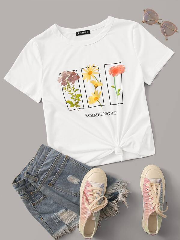 

Slogan and Flower Print Tee, White