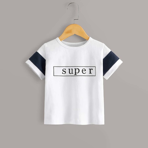 

Toddler Boys Contrast Panel Sleeve Letter Print Tee