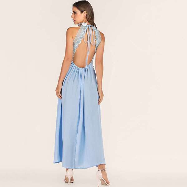 

Contrast Lace Backless Halter Dress, Blue pastel
