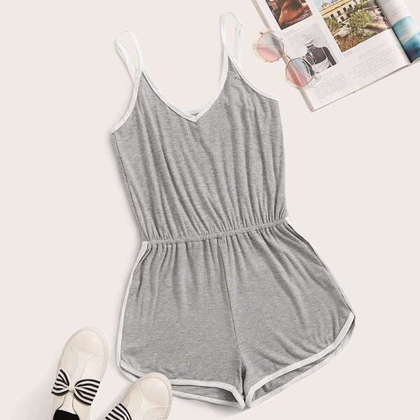 

Contrast Binding Rib-Knit Cami Romper