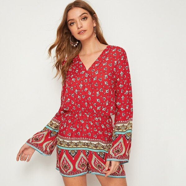 

Floral And Tribal Print Elastic Waist Romper, Red