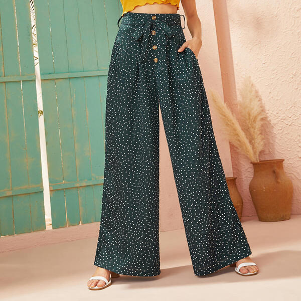 

Polka Dot Wide Band Waist Wide Leg Pants