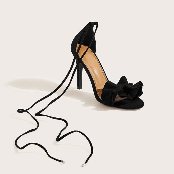 

Ruffle Decor Tie Leg Stiletto Heels, Black