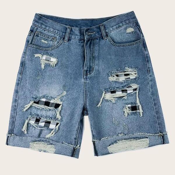 

Men Ripped Contrast Plaid Denim Shorts