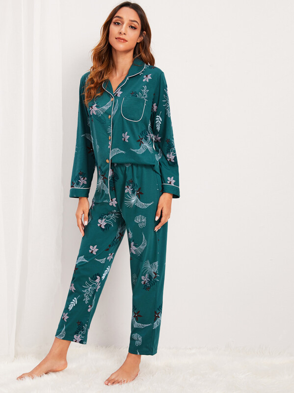

Botanical Print Button-up Pajama Set, Green, Gabi B