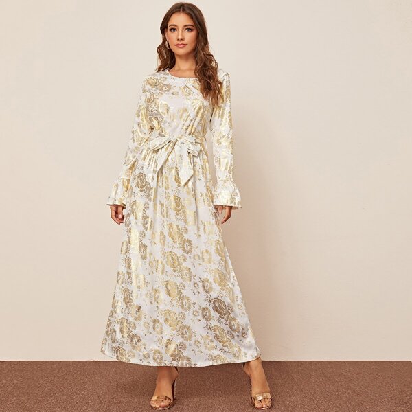 

Self Tie Flounce Sleeve Jacquard Maxi Dress