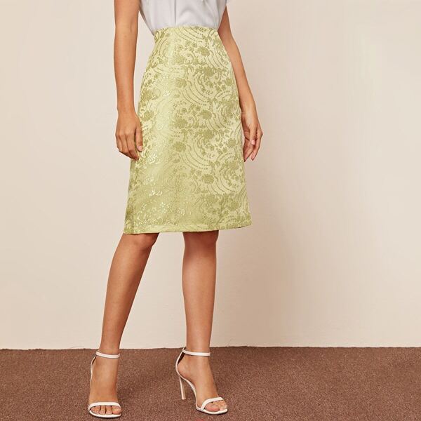 

Zip Back Jacquard Midi Skirt, Green