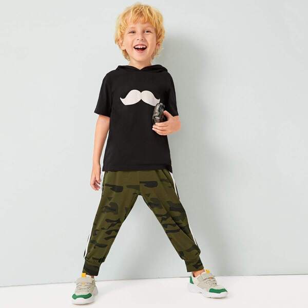

Toddler Boys Mustache Print Hooded Tee With Camo Sweatpants, Multicolor