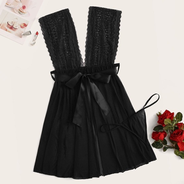 

Plus Contrast Lace Tie Waist Dress With Thong, Black