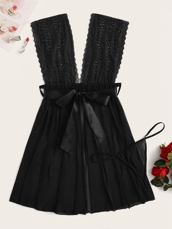 

Plus Contrast Lace Tie Waist Dress With Thong, Black