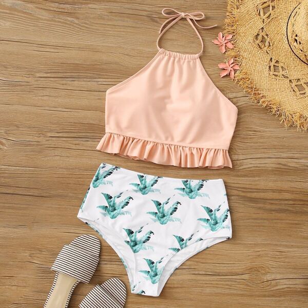

Ruffle Hem Halter Top With Tropical Bikini Set
