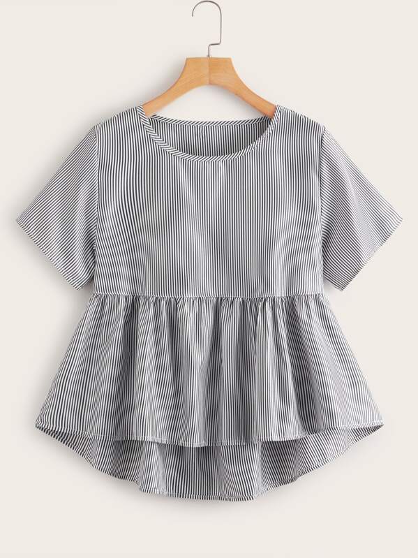 

Striped Ruffle Hem Smock Blouse, Black and white