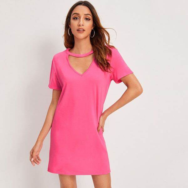 

Solid Choker Neck Tee Dress