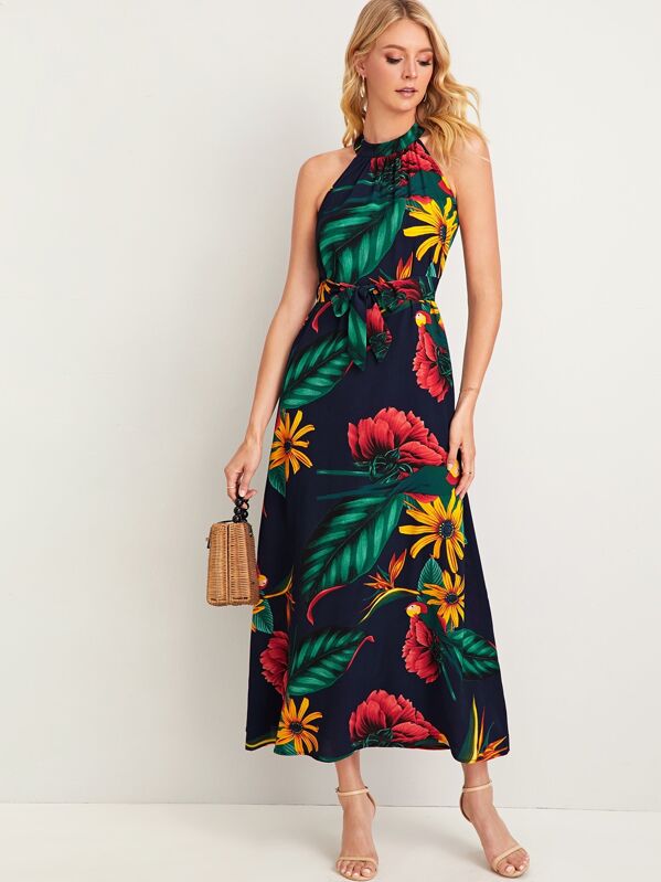

Tropical Print Tie Back Belted Halter Dress, Navy, Layson