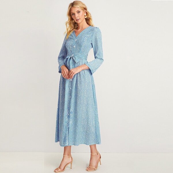 

Confetti Print Button Front Belted Dress, Blue