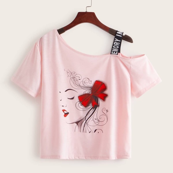 

Figure Print Letter Strap Asymmetrical Neck Tee, Pink