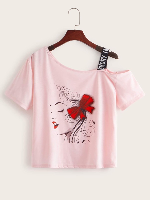 

Figure Print Letter Strap Asymmetrical Neck Tee, Pink
