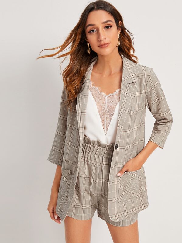 

Plaid Notched Neck Blazer & Paperbag Shorts, Khaki, Gabi B