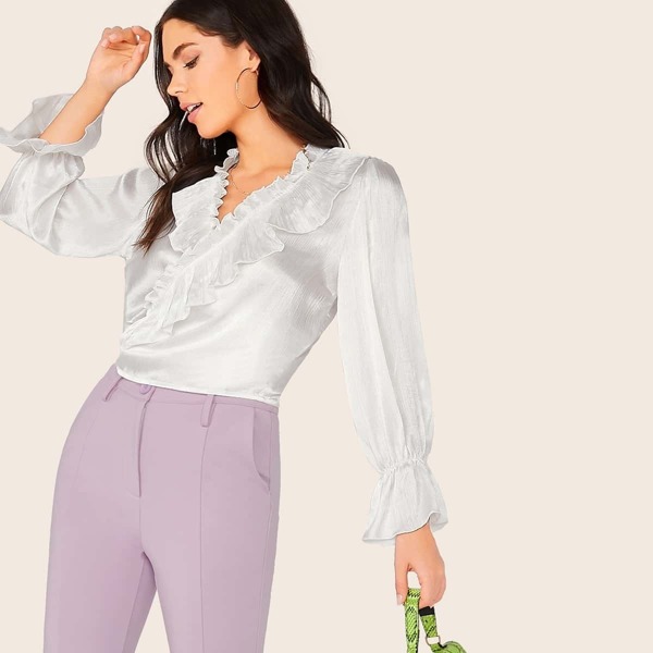 

Tie Back Pleated Ruffle Trim Satin Top, White