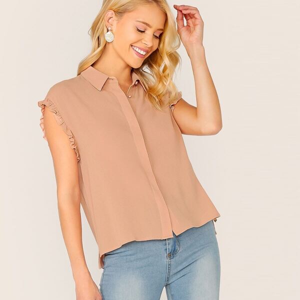 

Solid Frill Armhole Shirt, Nude pastel