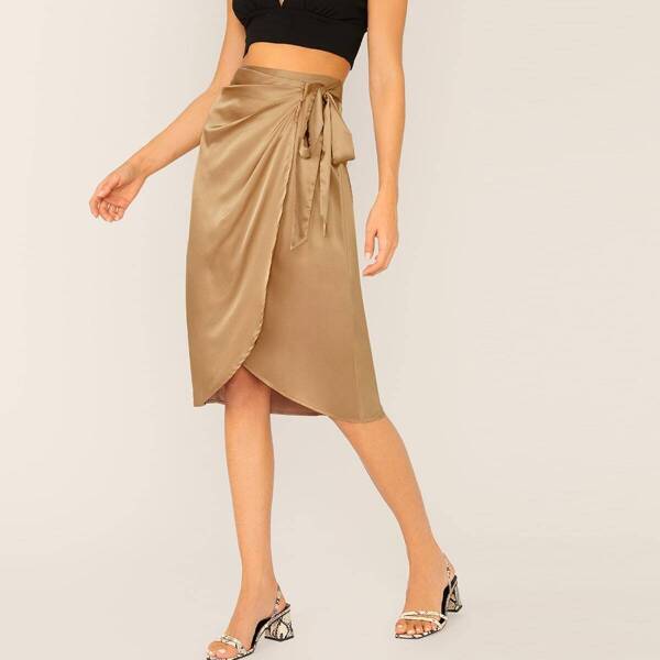 

Zipper Back Wrap Knot Side Satin Skirt, Khaki