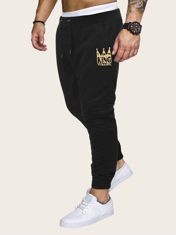 

Men Crown And Letter Graphic Drawstring Sweatpants, Black